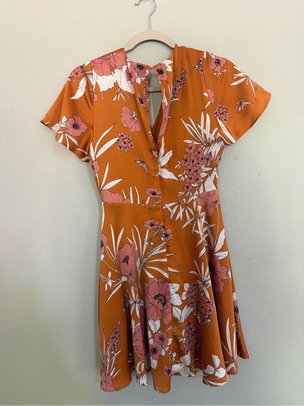 Express Rust Floral Wrap Mini Dress with Pink Blooms - Picture 3 of 5